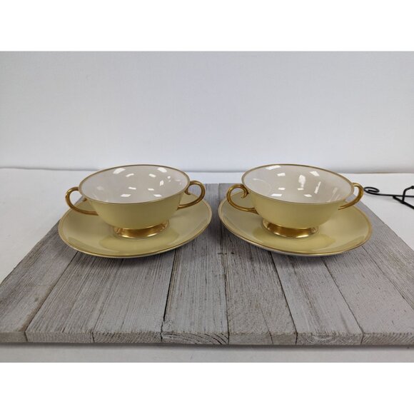 Flintridge Sylvan China Cream Soup Cup Bowl Saucers Set 2 California Yellow Gold - Picture 1 of 13